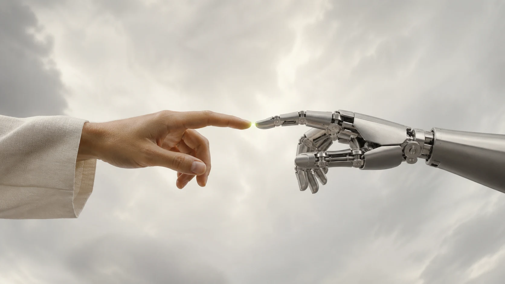 Ludzka dłoń i precyzyjna dłoń robota spotykające się na granicy dwóch światów